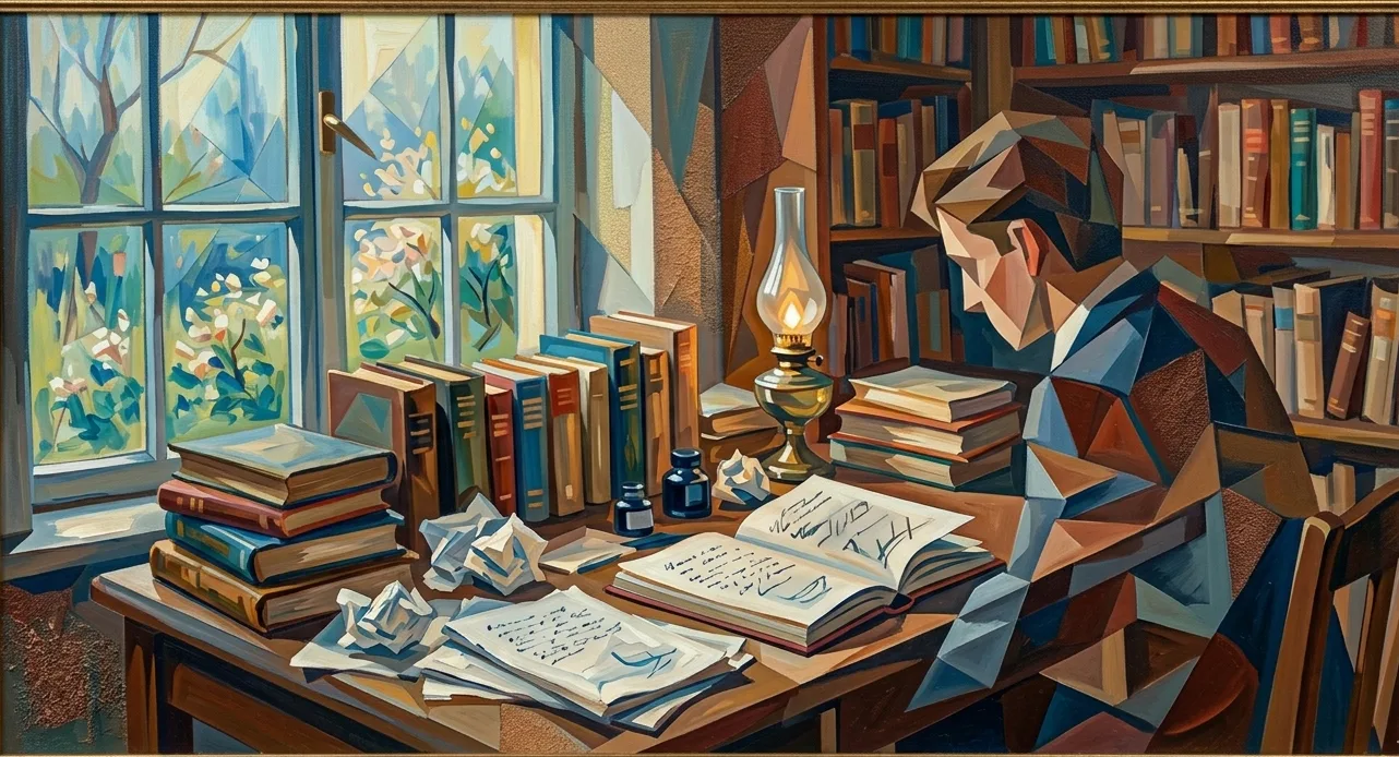 Writer at desk with books