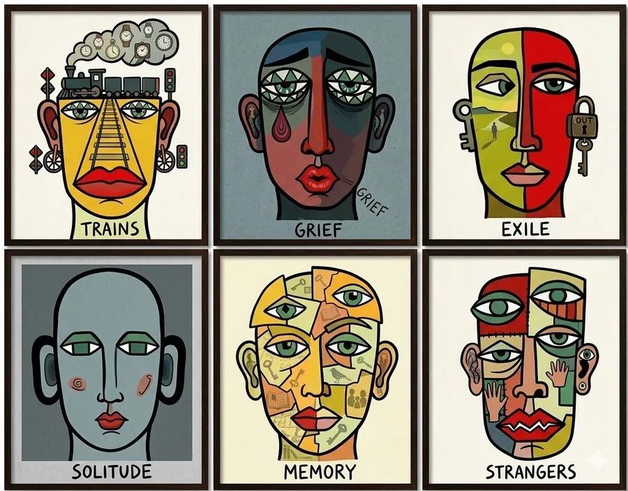 Six illustrated faces representing flash fiction themes: Trains, Grief, Exile, Solitude, Memory, Strangers — Tumbleweed Words